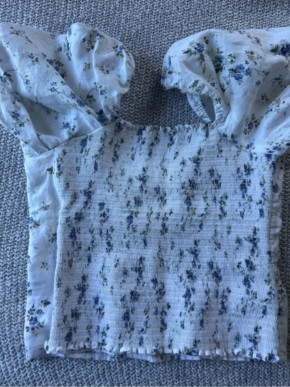 Reformation Cream Linen Top with Blue Floral Print and Puff Sleeves